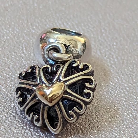 Pandora Filled With Love Heart Sterling Silver & 14K Gold Dangle Bead - Picture 3 of 13